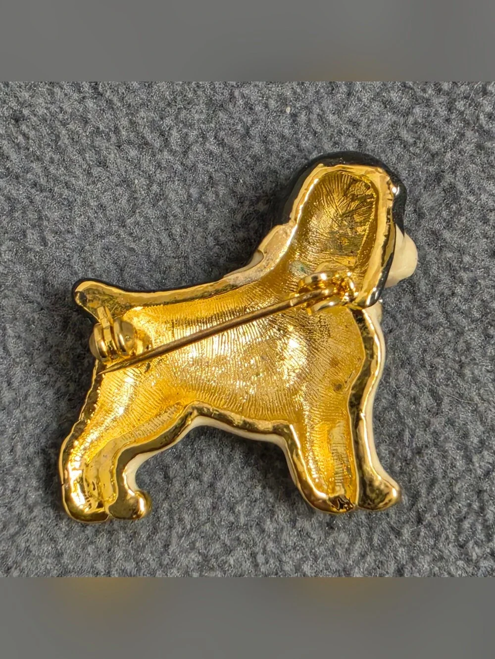 Black White Hound Dog Brooch Green Rhinestone Eyes Collar Gold Tone Pin New